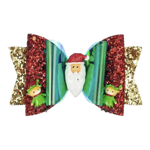 Christmas Accessories Hair Bows Clips Santa Reindeer Snowman Gold Xmas - 3.5"