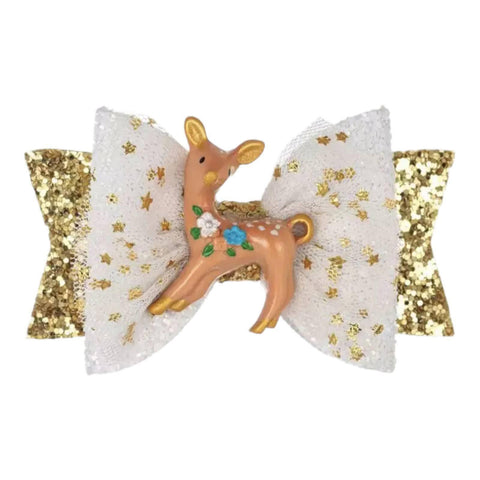 Christmas Accessories Hair Bows Clips Santa Reindeer Snowman Gold Xmas - 3.5"