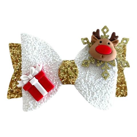 Christmas Accessories Hair Bows Clips Santa Reindeer Snowman Gold Xmas - 3.5"