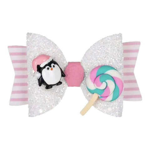 Christmas Accessories Hair Bows Clips Santa Reindeer Snowman Gold Xmas - 3.5"