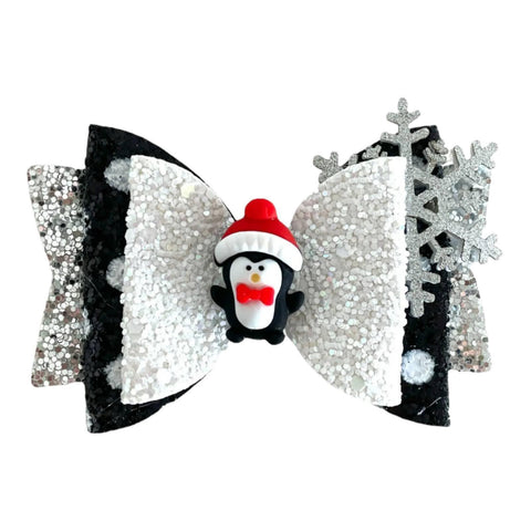 Christmas Accessories Hair Bows Clips Santa Reindeer Snowman Gold Xmas - 3.5"