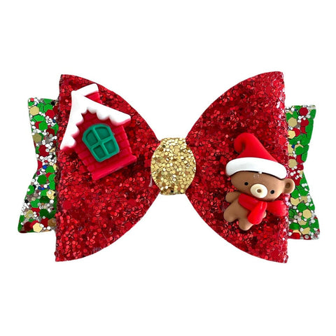 Christmas Accessories Hair Bows Clips Santa Reindeer Snowman Gold Xmas - 3.5"