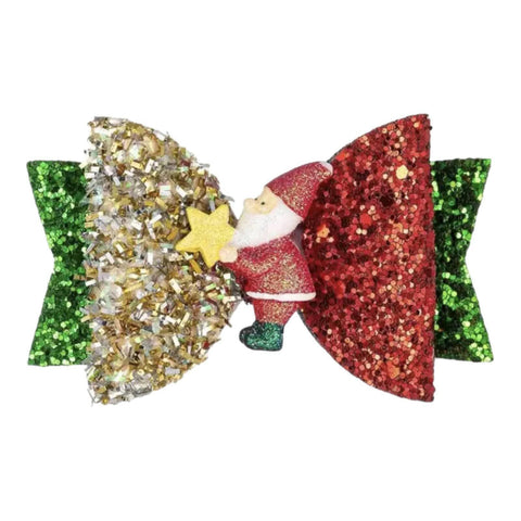 Christmas Accessories Hair Bows Clips Santa Reindeer Snowman Gold Xmas - 3.5"