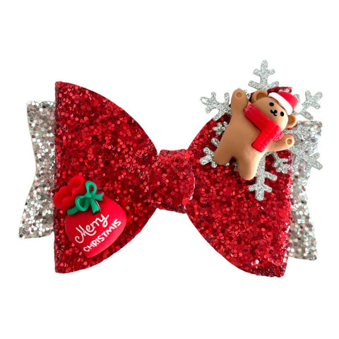 Christmas Accessories Hair Bows Clips Santa Reindeer Snowman Gold Xmas - 3.5"