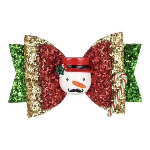 Christmas Accessories Hair Bows Clips Santa Reindeer Snowman Gold Xmas - 3.5"