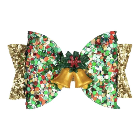 Christmas Accessories Hair Bows Clips Santa Reindeer Snowman Gold Xmas - 3.5"