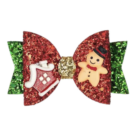 Christmas Accessories Hair Bows Clips Santa Reindeer Snowman Gold Xmas - 3.5"