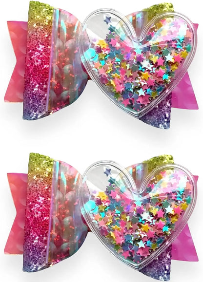 Heart Star Confetti Multi Coloured Rainbow Fade Glitter Hair Bows Clips Slides 2pk