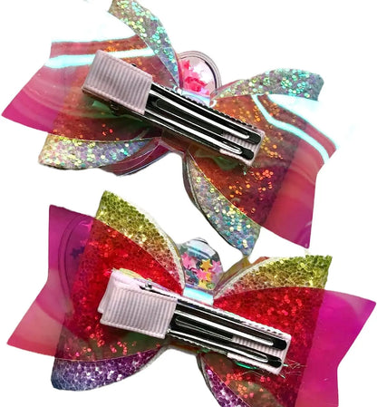 Heart Star Confetti Multi Coloured Rainbow Fade Glitter Hair Bows Clips Slides 2pk