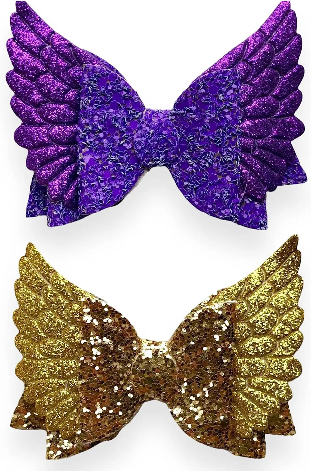 Purple Gold Angel Wing Glitter Hair Bows Clips Slides Grips 2 Pack