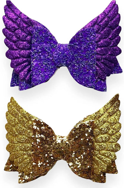 Purple Gold Angel Wing Glitter Hair Bows Clips Slides Grips 2 Pack