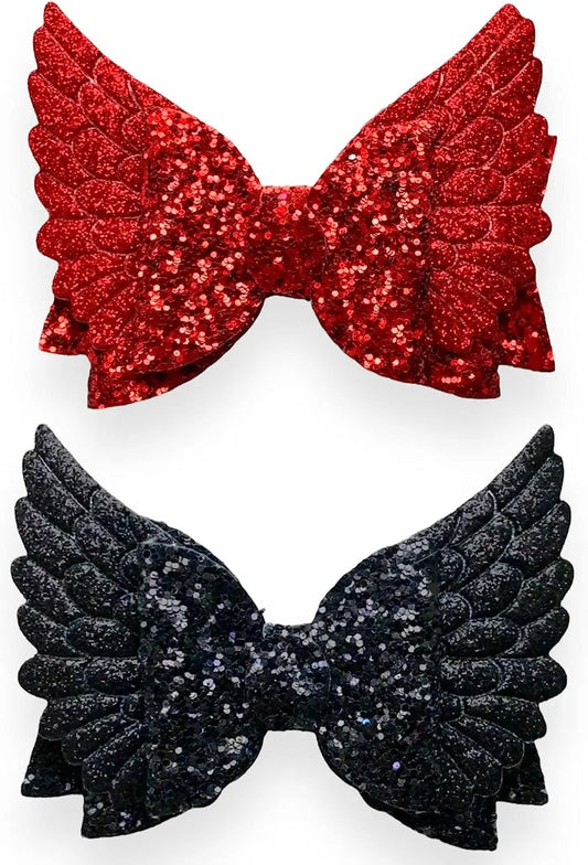 Red Black Angel Wing Glitter Hair Bows Clips Slides Grips Pretty 2 Pack