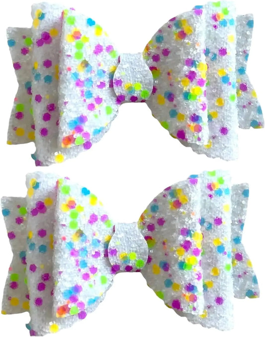 White Multi Coloured Spot Glitter Hair Bows Clips Slides Grips 2pk