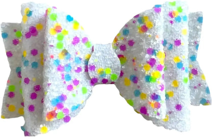 White Multi Coloured Spot Glitter Hair Bows Clips Slides Grips 2pk