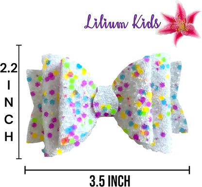 White Multi Coloured Spot Glitter Hair Bows Clips Slides Grips 2pk