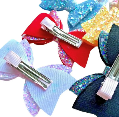 White Multi Coloured Spot Glitter Hair Bows Clips Slides Grips 2pk