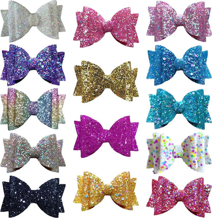 White Multi Coloured Spot Glitter Hair Bows Clips Slides Grips 2pk