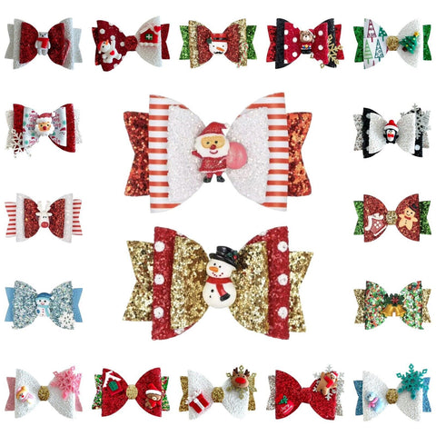 Christmas Accessories Hair Bows Clips Santa Reindeer Snowman Gold Xmas - 3.5"