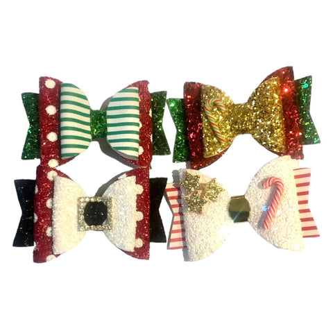 Christmas Accessories Hair Bows Clips Santa Reindeer Snowman Gold Xmas - 3.5"