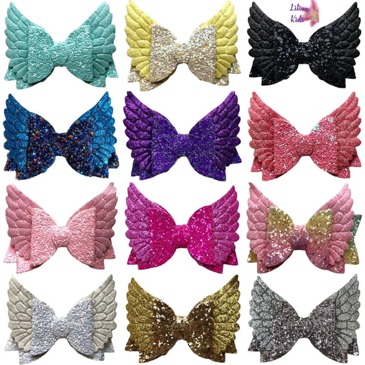 Angel Wing Hair Bows Clips Accessories - Cute Shiny Glitter Design - 3.5" Clip - Lilium Kids