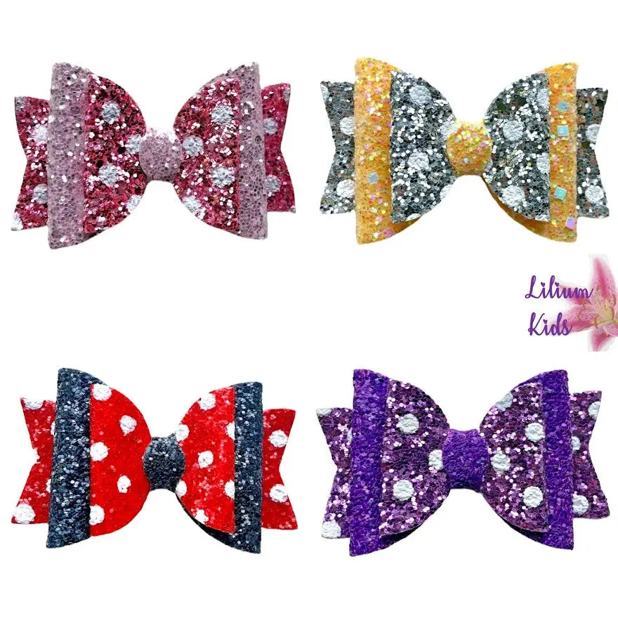 Glitter Polka Dot Hair Bows Clips 3.5" Red Yellow Pink Purple - Lilium Kids