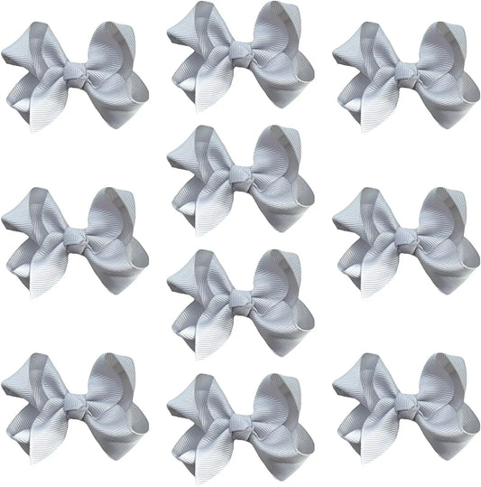 Light Grey/Silver Hair Bow Knots 3" Inch Clips, Grips - 10 Pack