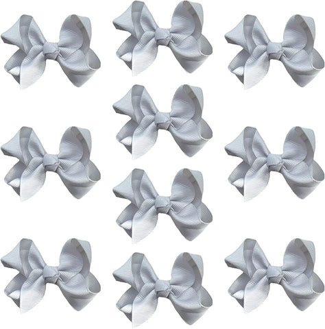 Light Grey/Silver Hair Bow Knots 3" Inch Clips, Grips - 10 Pack