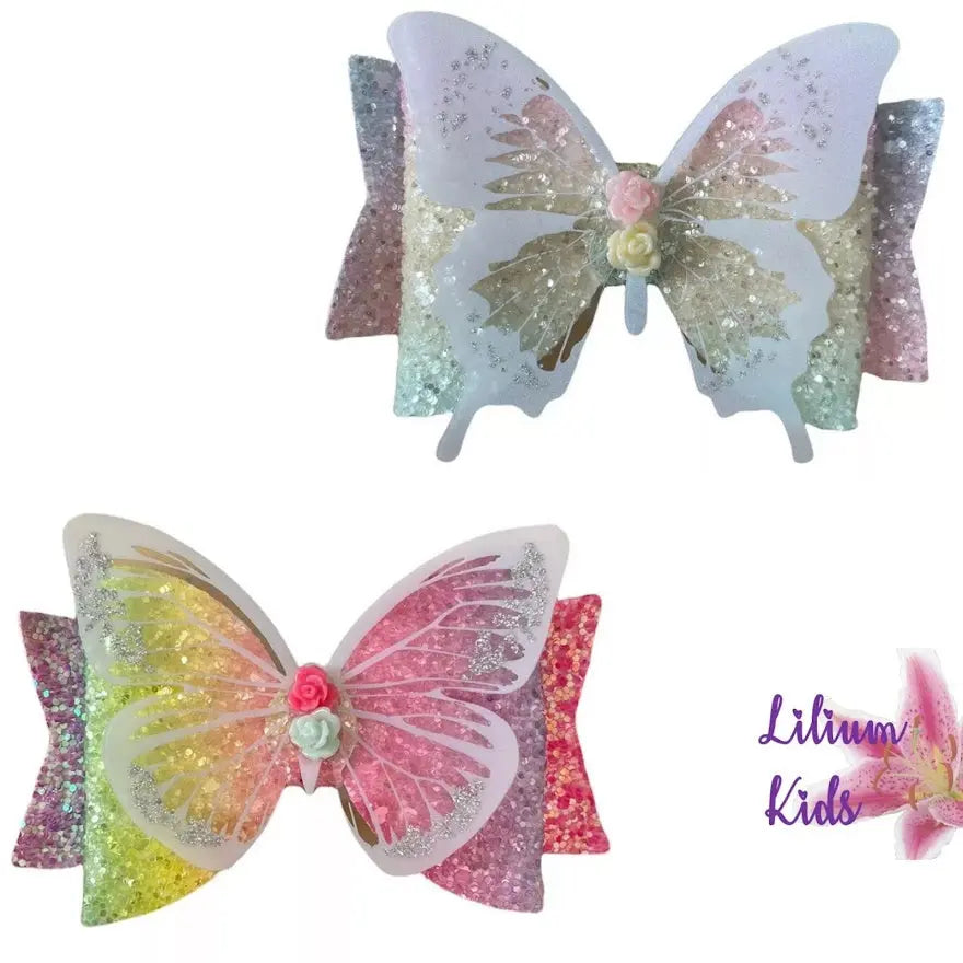 Hair Bows Premium Glitter Pastel/Rainbow Bow with Butterfly - 3.5" - Lilium Kids