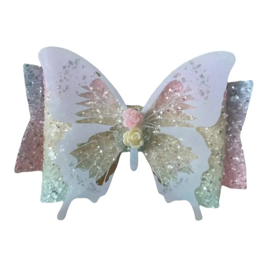 Hair Bows Premium Glitter Pastel/Rainbow Bow with Butterfly - 3.5" - Lilium Kids