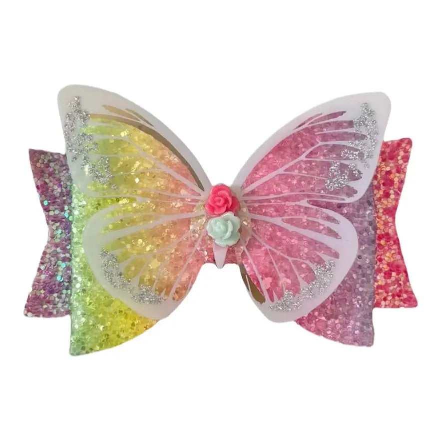 Hair Bows Premium Glitter Pastel/Rainbow Bow with Butterfly - 3.5" - Lilium Kids