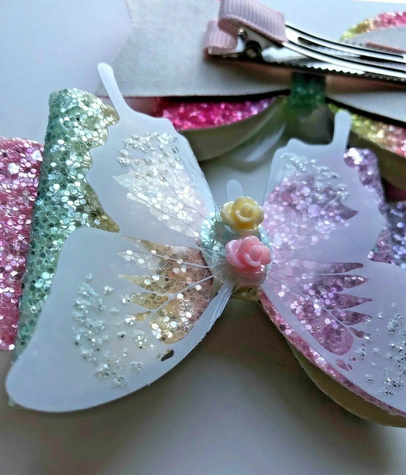 Hair Bows Premium Glitter Pastel/Rainbow Bow with Butterfly - 3.5" - Lilium Kids