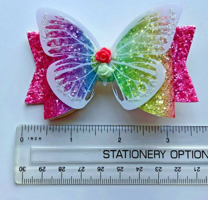 Hair Bows Premium Glitter Pastel/Rainbow Bow with Butterfly - 3.5" - Lilium Kids