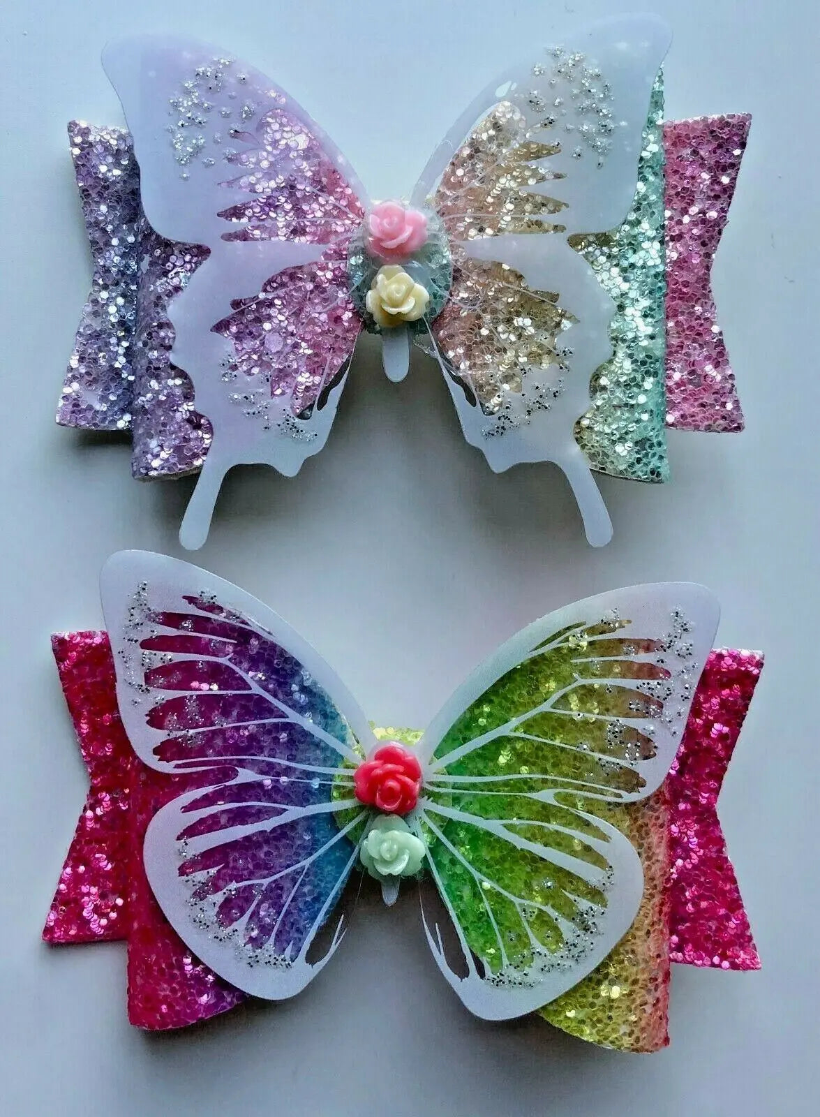 Hair Bows Premium Glitter Pastel/Rainbow Bow with Butterfly - 3.5" - Lilium Kids