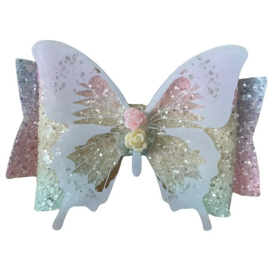 Hair Bows Premium Glitter Pastel/Rainbow Bow with Butterfly - 3.5" - Lilium Kids