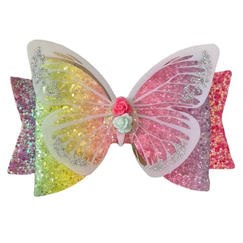 Hair Bows Premium Glitter Pastel/Rainbow Bow with Butterfly - 3.5" - Lilium Kids