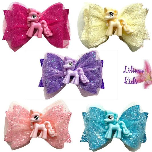 Little Pony Colourful Glitter Hair Bows - 3.5" Handmade - Lilium Kids