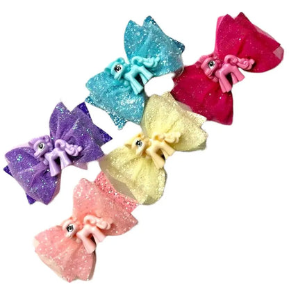 Little Pony Colourful Glitter Hair Bows - 3.5" Handmade - Lilium Kids