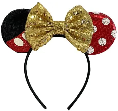 Mickey Minnie Mouse Ears Alice Headband With Big 5" Gold Sequin Bow - Lilium Kids