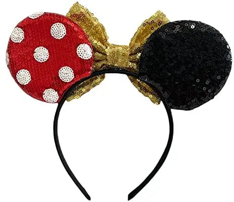 Mickey Minnie Mouse Ears Alice Headband With Big 5" Gold Sequin Bow - Lilium Kids