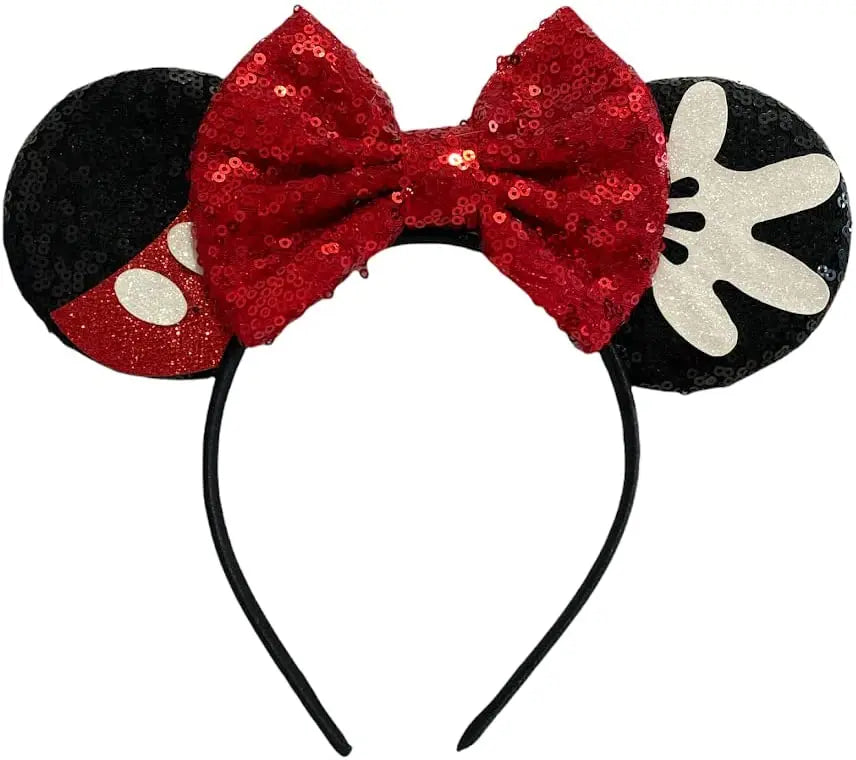 Mickey Minnie Mouse Ears Alice Headband With Big 5" Red Sequin Bow - Lilium Kids