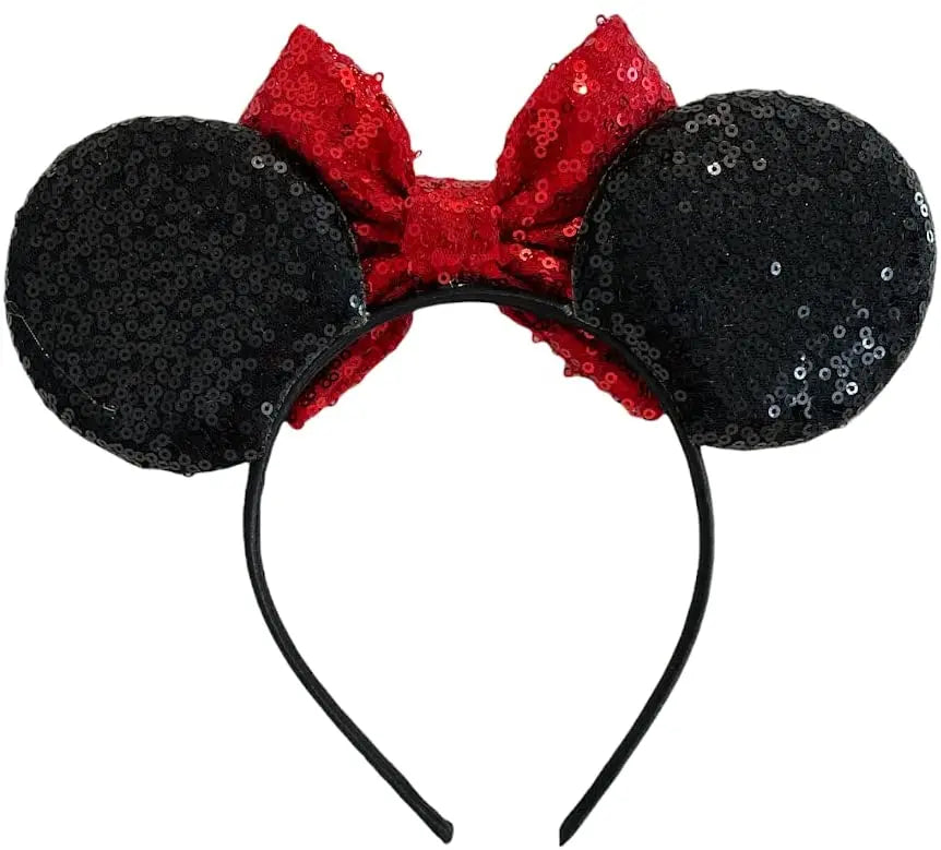 Mickey Minnie Mouse Ears Alice Headband With Big 5" Red Sequin Bow - Lilium Kids