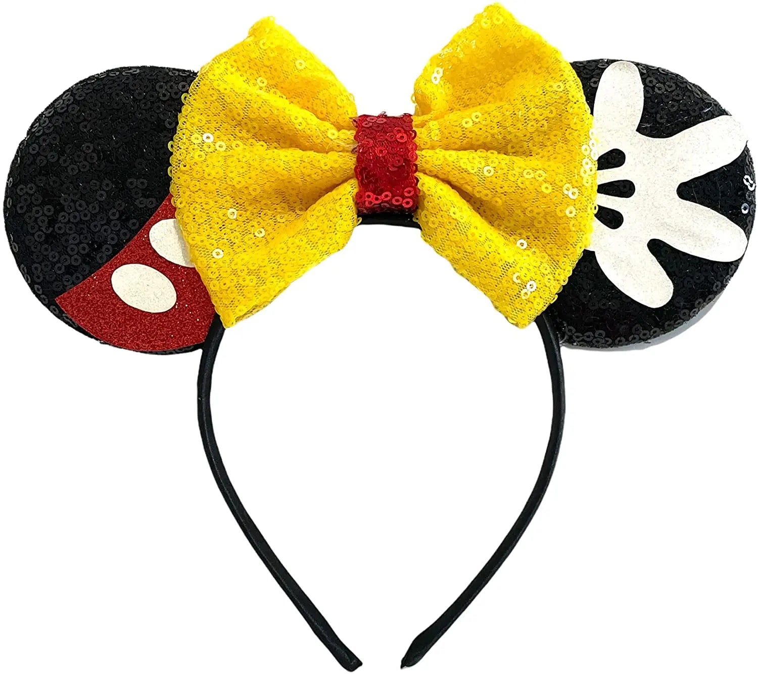 Mickey Minnie Mouse Ears Alice Headband With Big 5" Yellow Sequin Bow - Lilium Kids