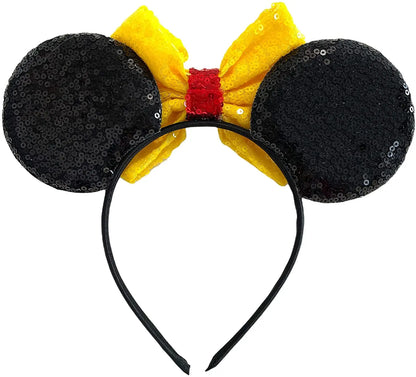 Mickey Minnie Mouse Ears Alice Headband With Big 5" Yellow Sequin Bow - Lilium Kids