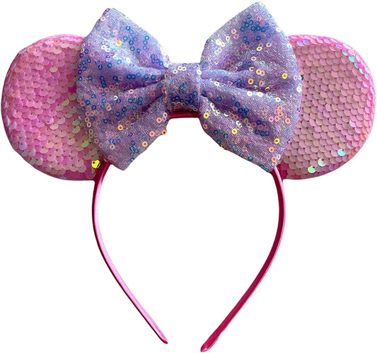 Pink Sequin Minnie Mouse Inspired Aurora Alice Headband With Big 5" Bow - Lilium Kids