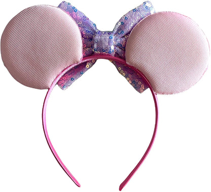 Pink Sequin Minnie Mouse Inspired Aurora Alice Headband With Big 5" Bow - Lilium Kids