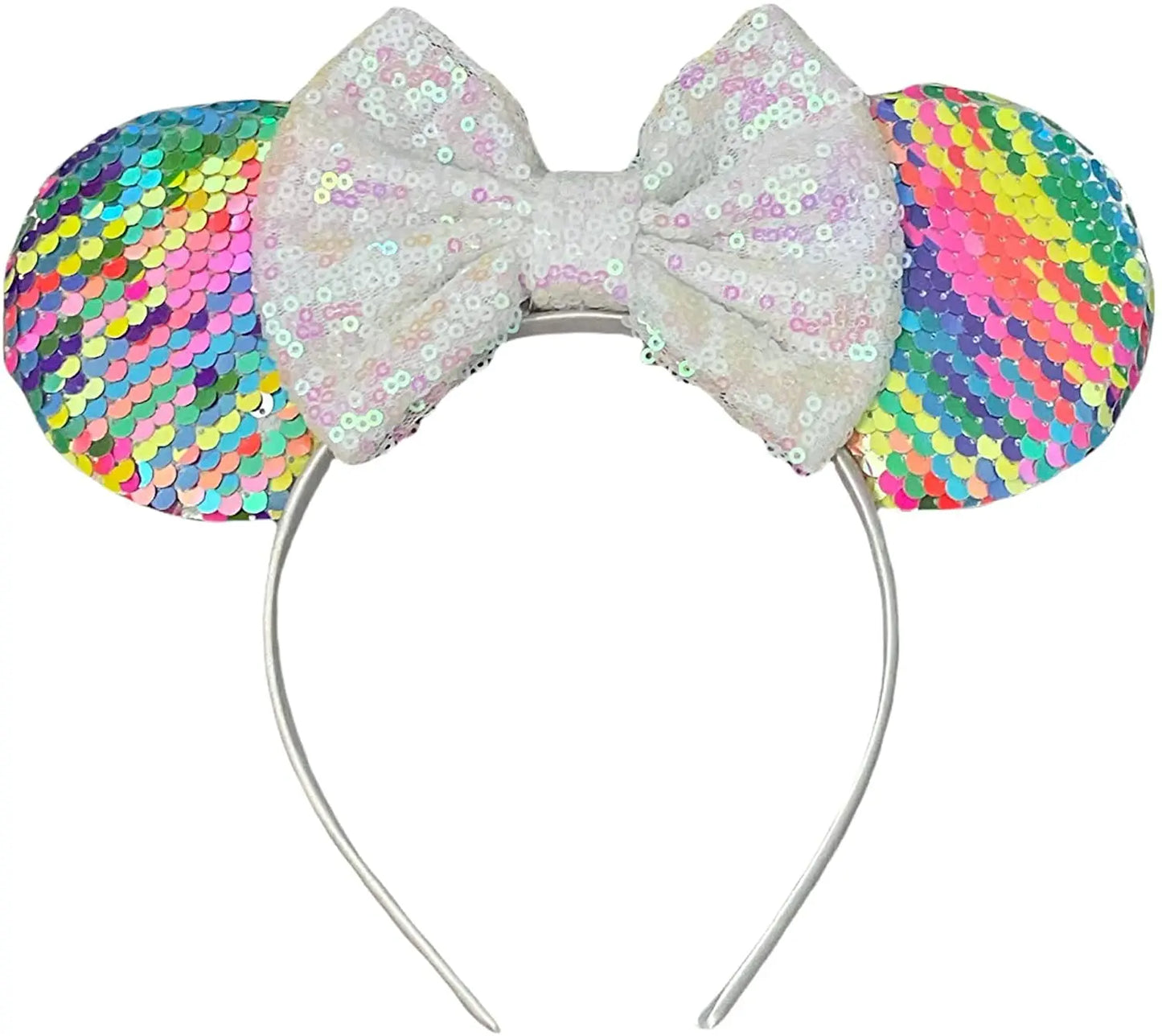 Rainbow Pastel Sequin Minnie Mouse Inspired Alice Headband With Big 5" Bow - Lilium Kids