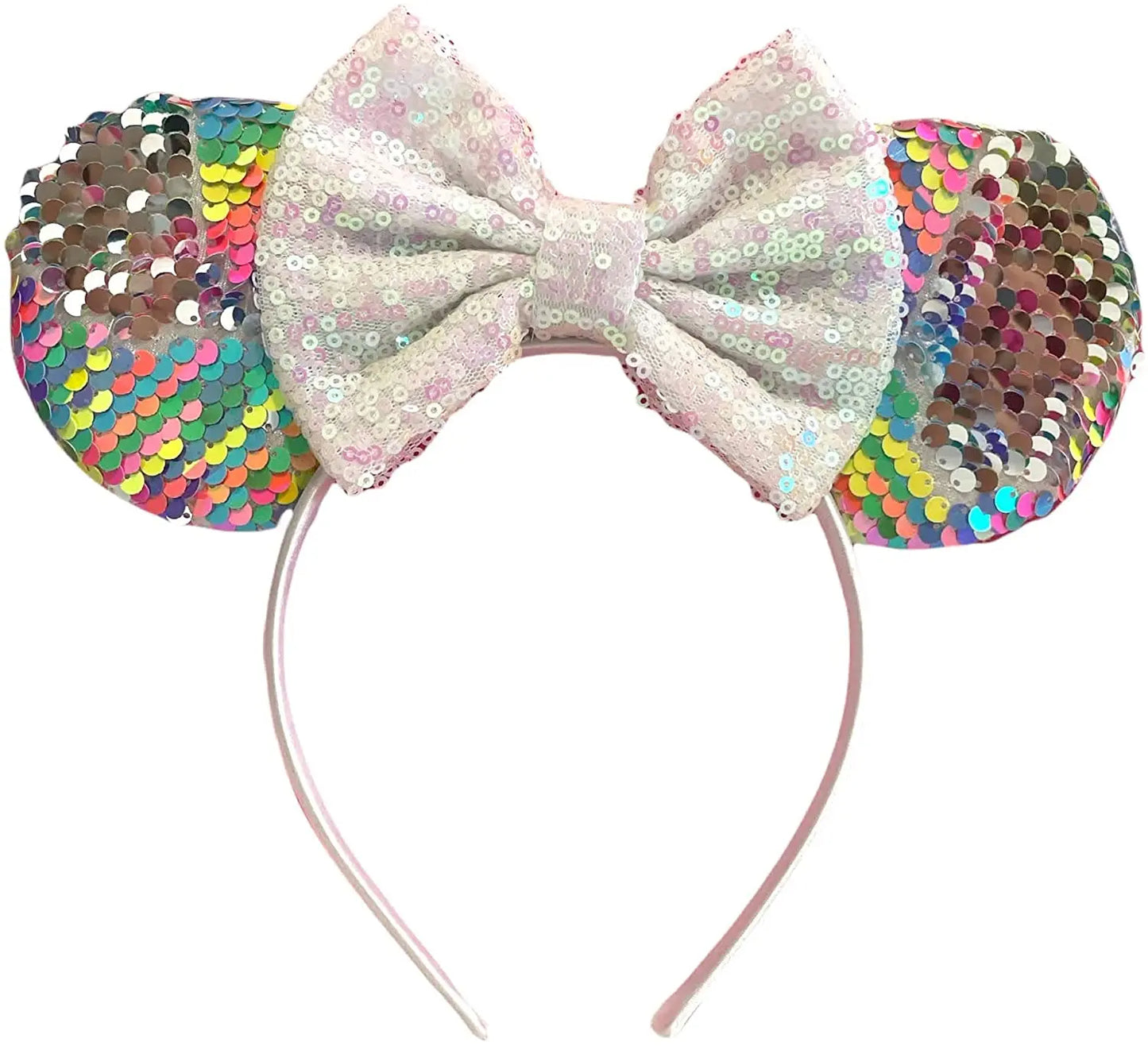 Rainbow Pastel Sequin Minnie Mouse Inspired Alice Headband With Big 5" Bow - Lilium Kids