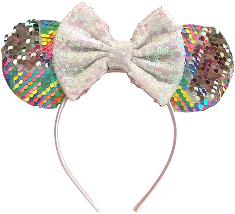 Rainbow Pastel Sequin Minnie Mouse Inspired Alice Headband With Big 5" Bow - Lilium Kids