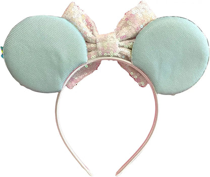 Rainbow Pastel Sequin Minnie Mouse Inspired Alice Headband With Big 5" Bow - Lilium Kids