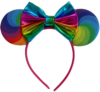 Rainbow Swirl Minnie Mouse Inspired Alice Headband With Metallic 5" Bow - Lilium Kids